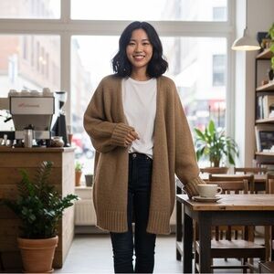 Zara Sz S Tan Chunky Wool Blend Cuffed Open Front Relaxed Cardigan